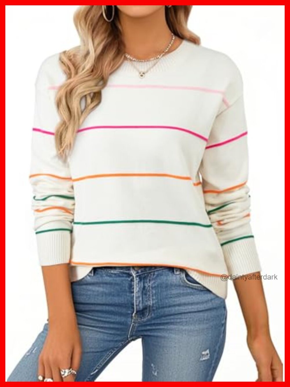 Womens Striped Crew Neck Knit Long Sleeve Sweater Fall Winter Pullover